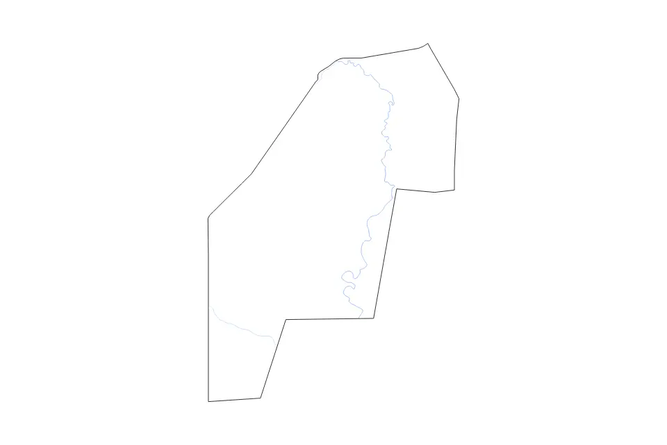 Outline map of Gedo, Somalia with subdivision borders and rivers.