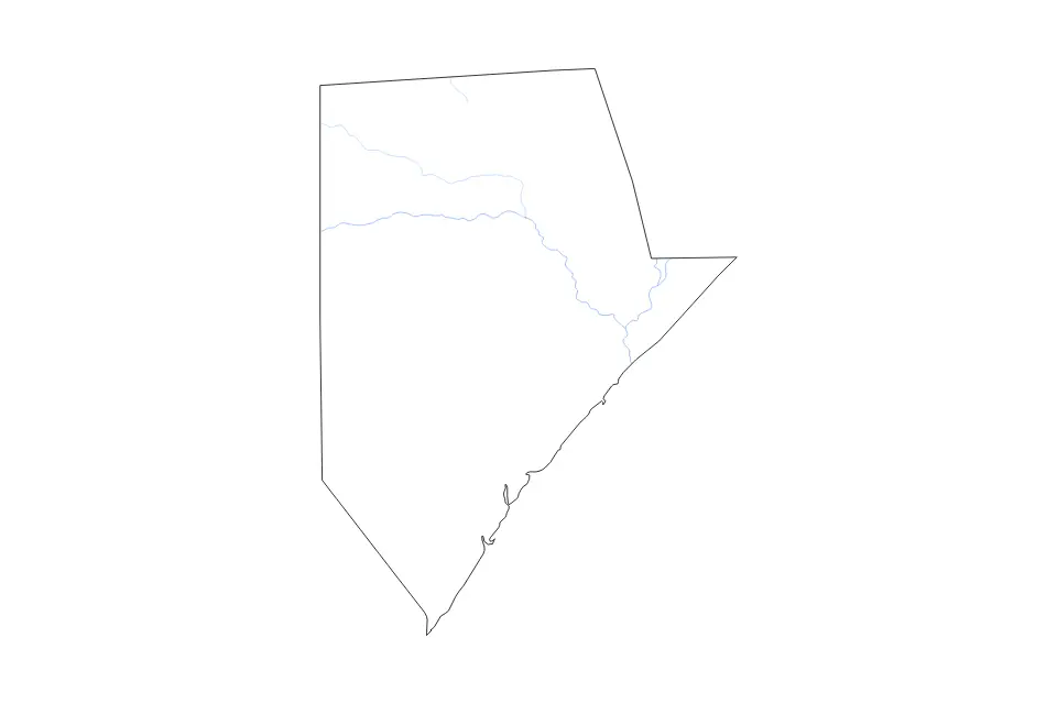 Outline map of Lower Juba, Somalia with subdivision borders and rivers.