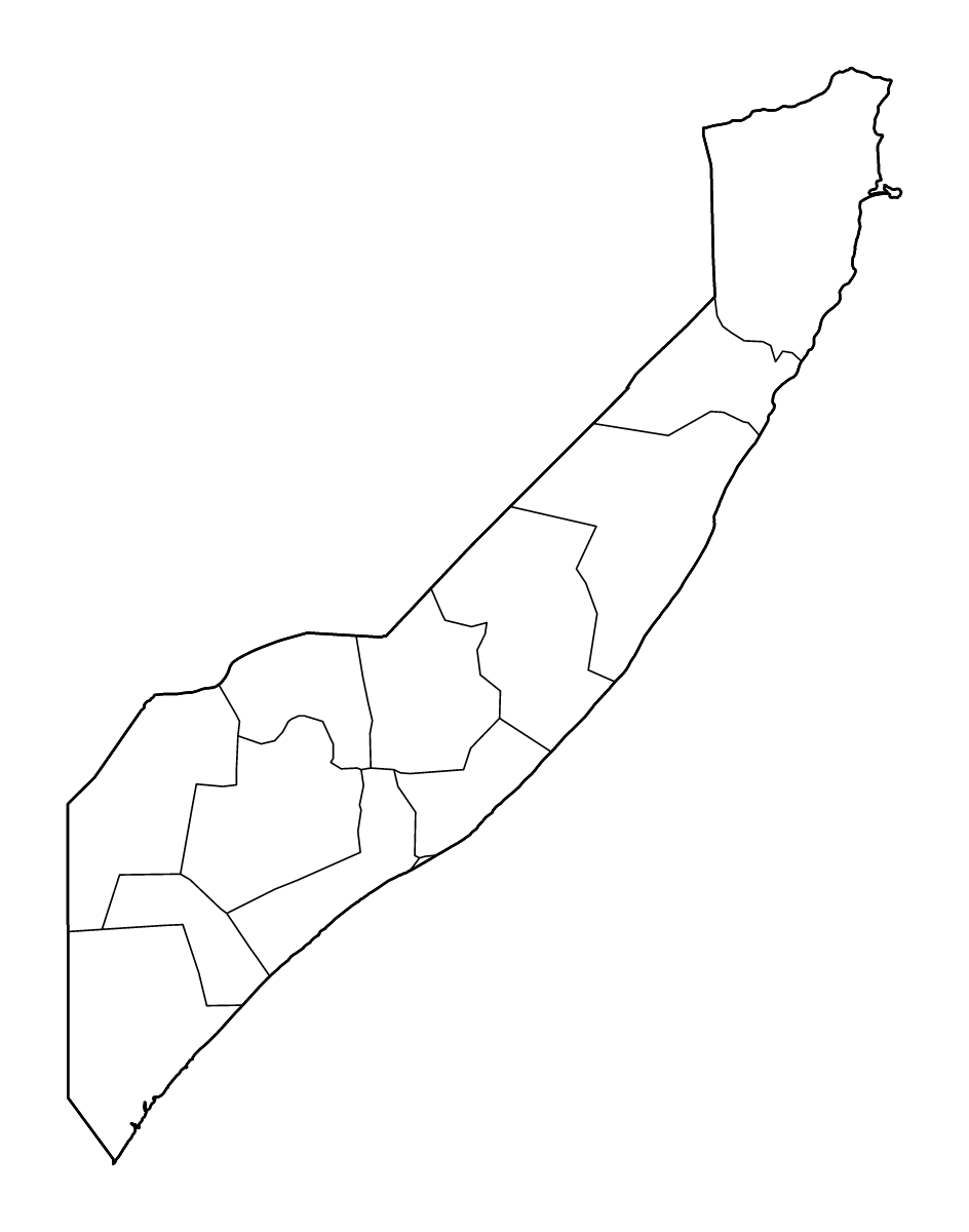 Mapa de contorno de Somalia con límites administrativos internos y ríos.