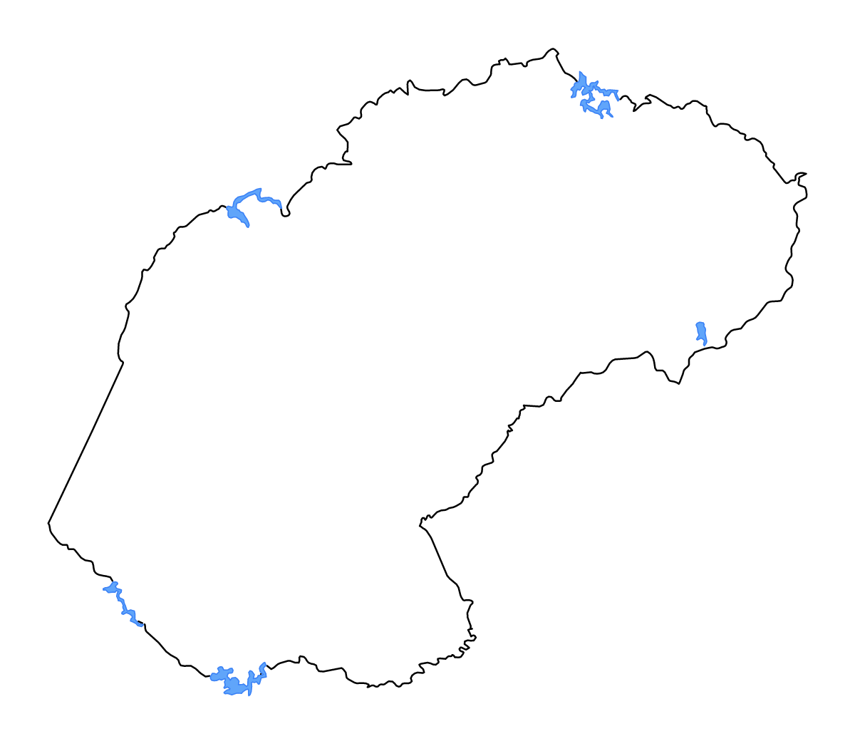 Outline map of Free State, South Africa with lakes and rivers.