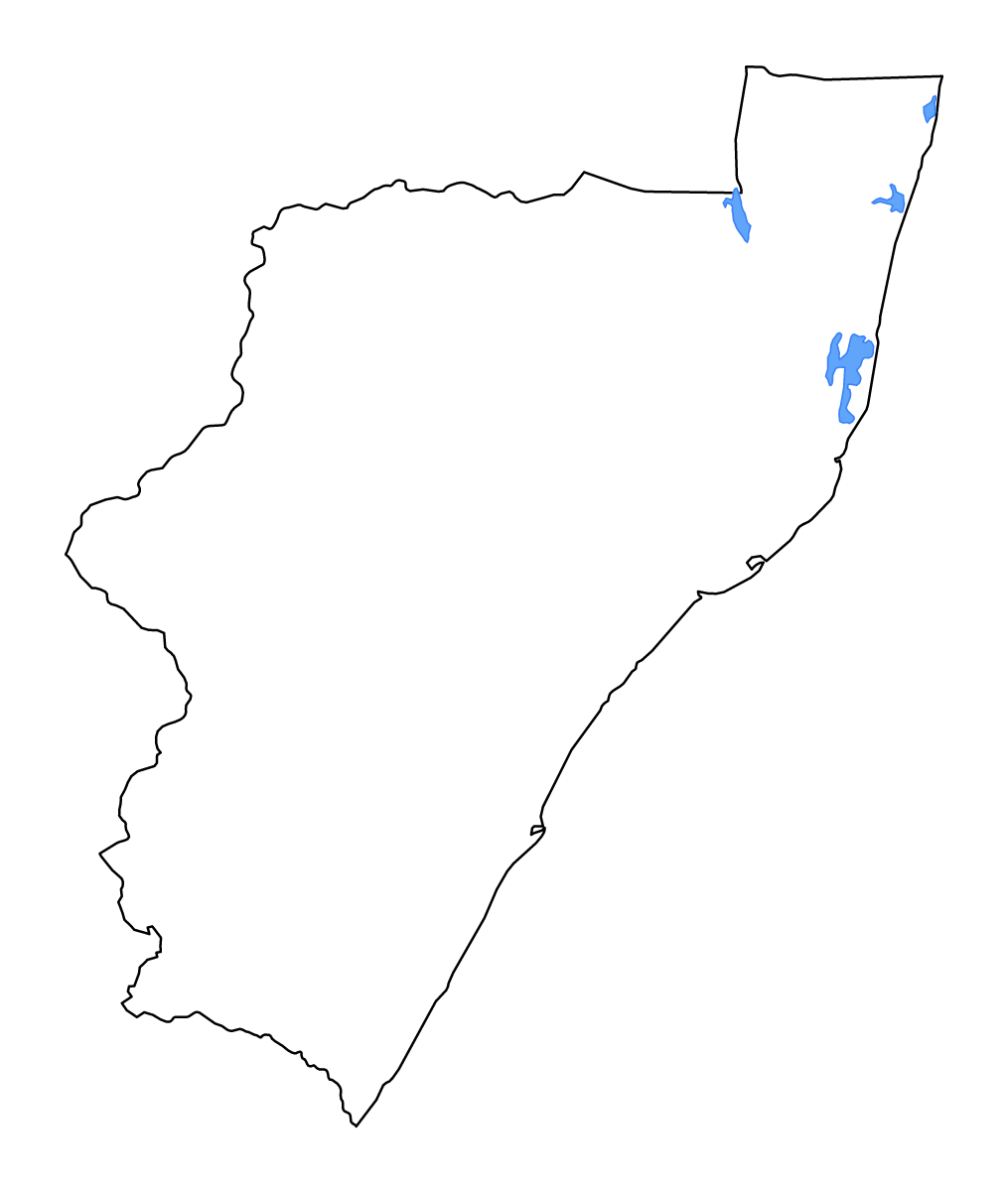 Carte de contour de KwaZulu-Natal, South Africa avec lacs et rivières.