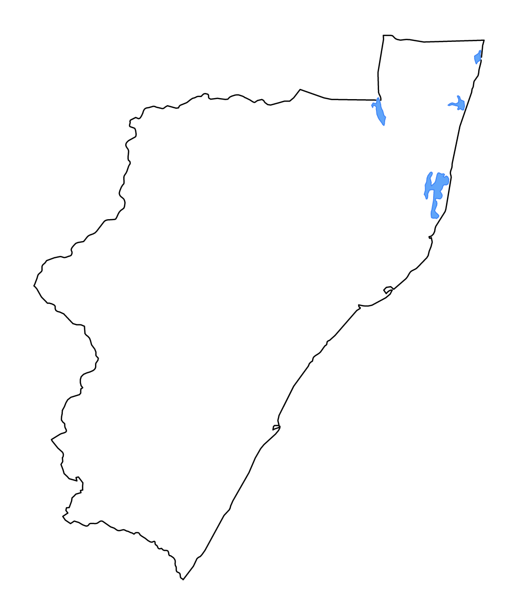 Mapa de contorno de KwaZulu-Natal, South Africa con lagos y ríos.