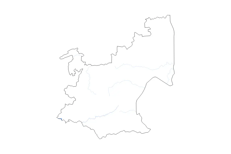 Outline map of Mpumalanga, South Africa with subdivision borders and major lakes and rivers.