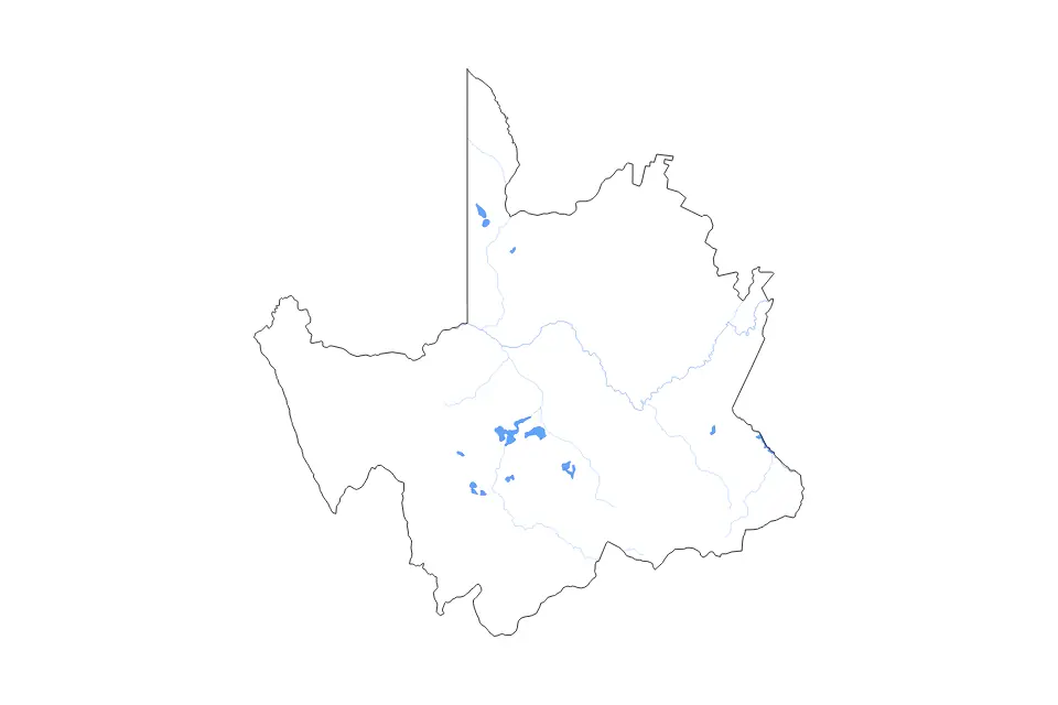 Outline map of Northern Cape, South Africa with subdivision borders and major lakes and rivers.