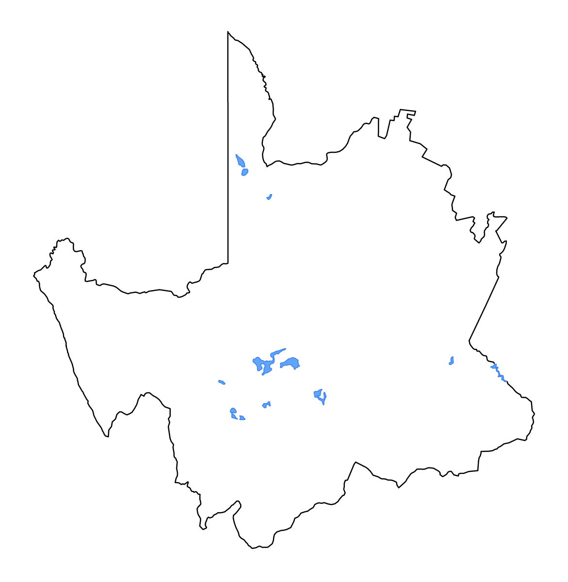 Carte de contour de Northern Cape, South Africa avec lacs et rivières.