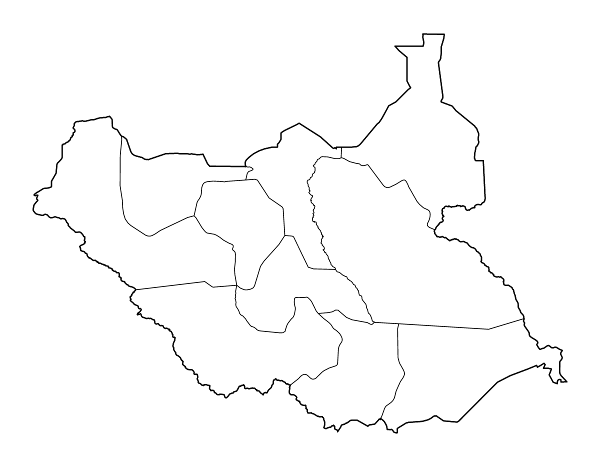 Mapa de contorno de South Sudan con límites administrativos internos y ríos.