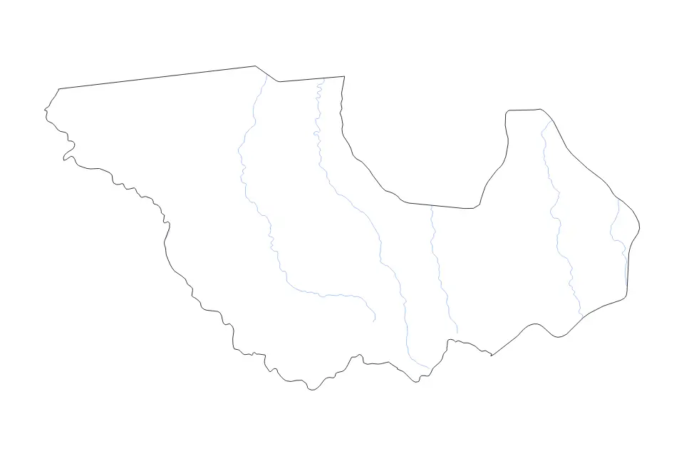 Mapa de Western Equatoria, South Sudan de tipo contorno y ríos para África, con contorno y ríos con límites limpios.
