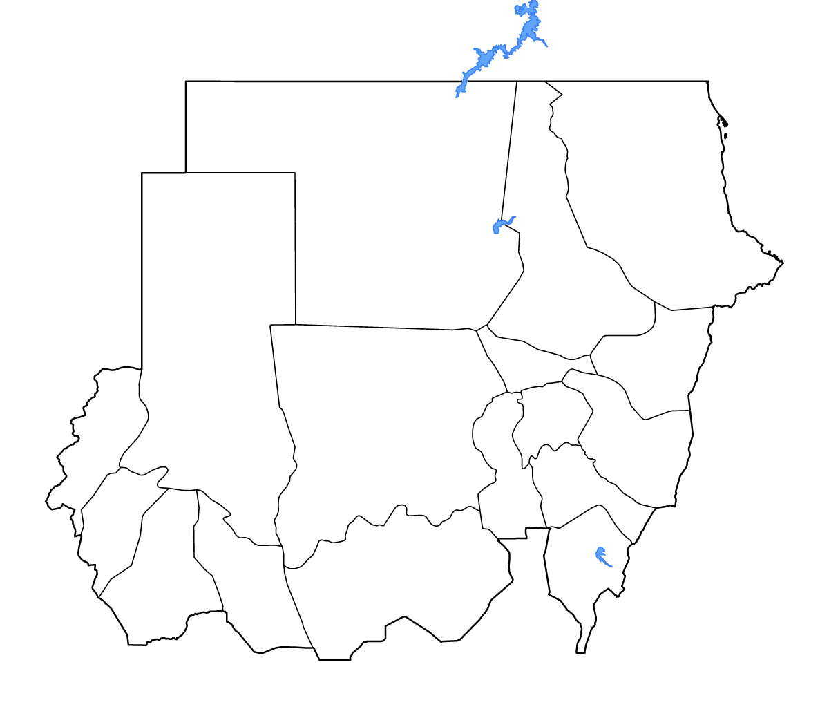 Mapa de contorno de Sudan con límites administrativos internos, lagos y ríos.