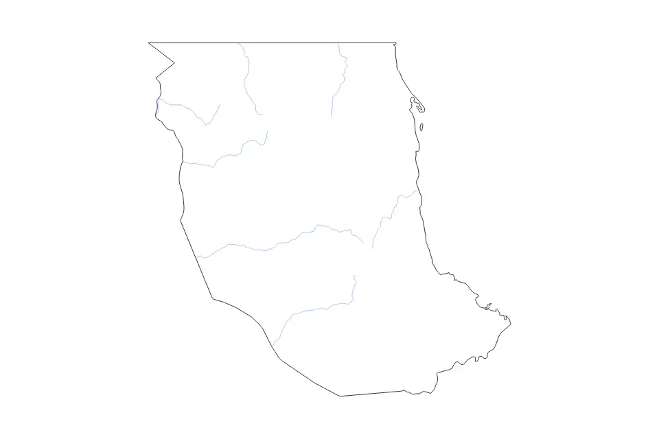 Outline map of Red Sea, Sudan with subdivision borders and rivers.