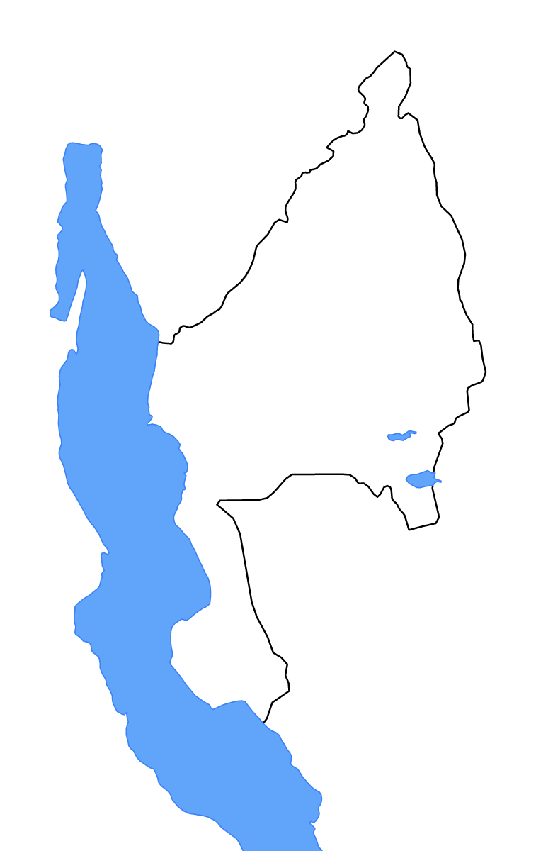 Mapa de contorno de Kigoma, Tanzania con lagos y ríos.