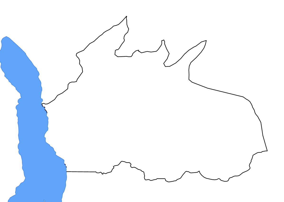 Mapa de contorno de Ruvuma, Tanzania con lagos y ríos.