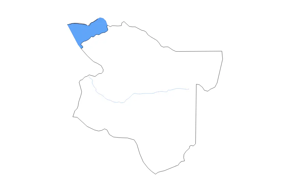 Outline map of Simiyu, Tanzania with subdivision borders and major lakes and rivers.