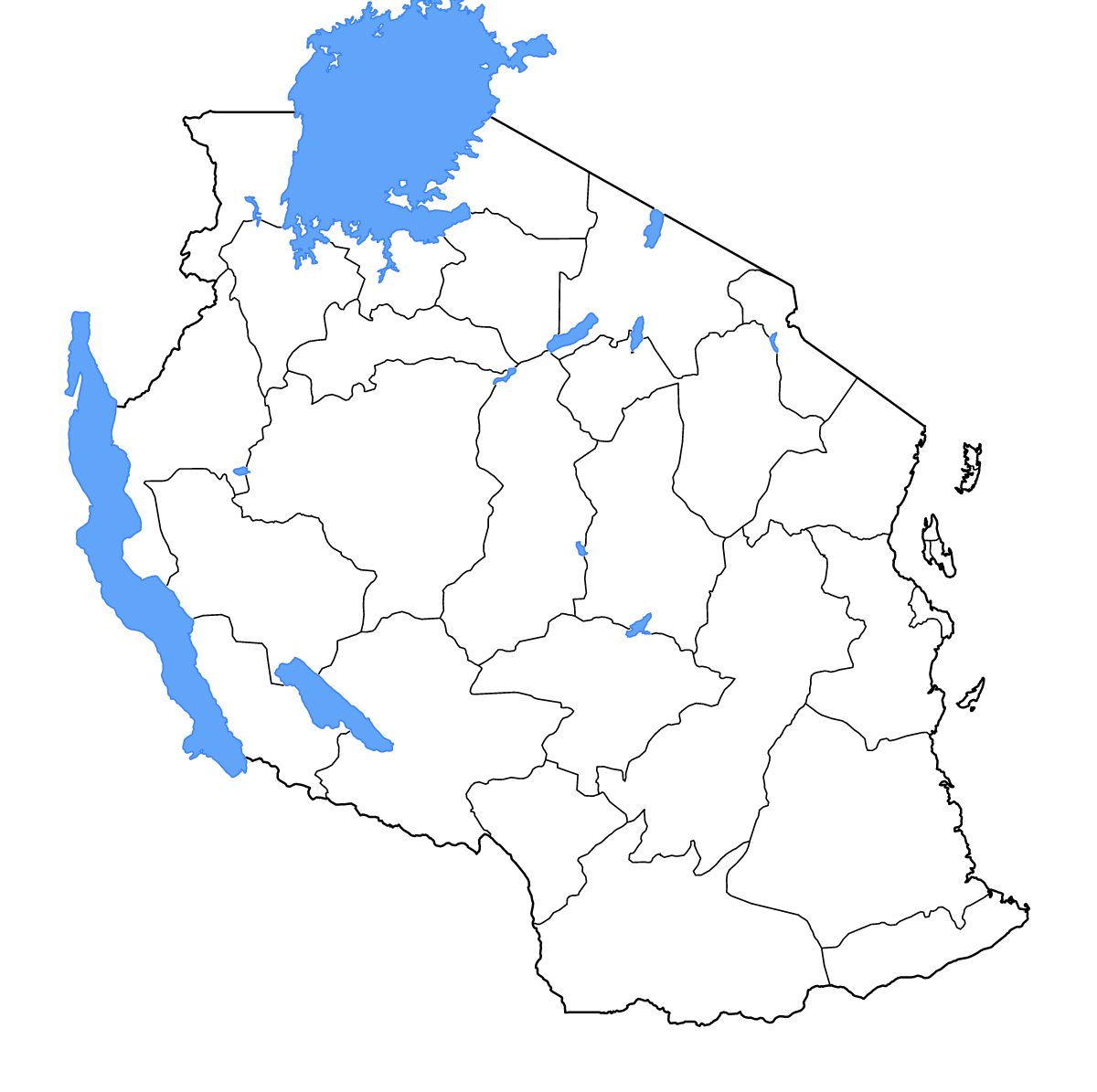 Mapa de contorno de Tanzania con límites administrativos internos, lagos y ríos.