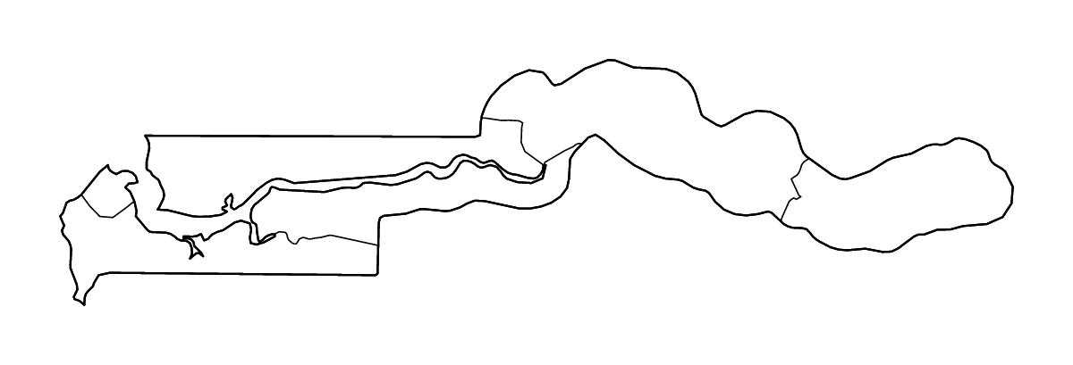 Mapa de contorno de the Gambia con límites administrativos internos y ríos.