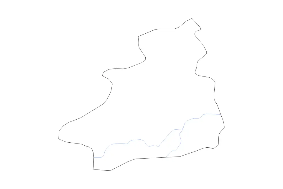 Outline map of Jendouba Governorate, Tunisia with subdivision borders and rivers.