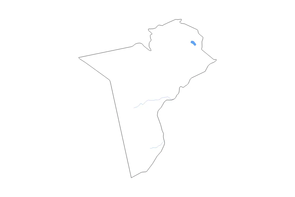 Outline map of Tataouine Governorate, Tunisia with subdivision borders and major lakes and rivers.