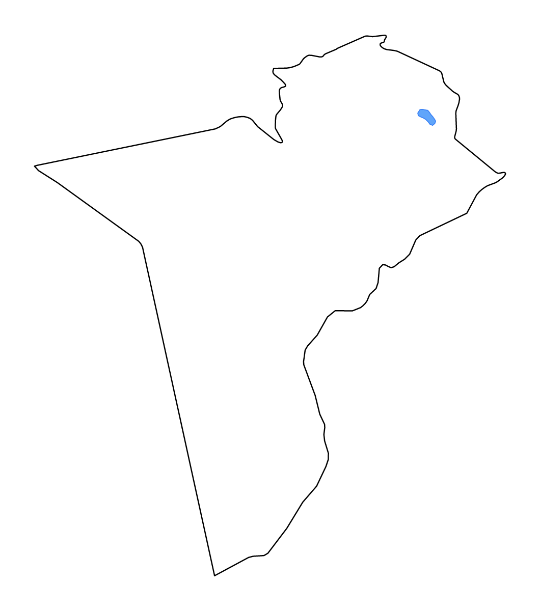 Mapa de contorno de Tataouine, Tunisia con lagos y ríos.
