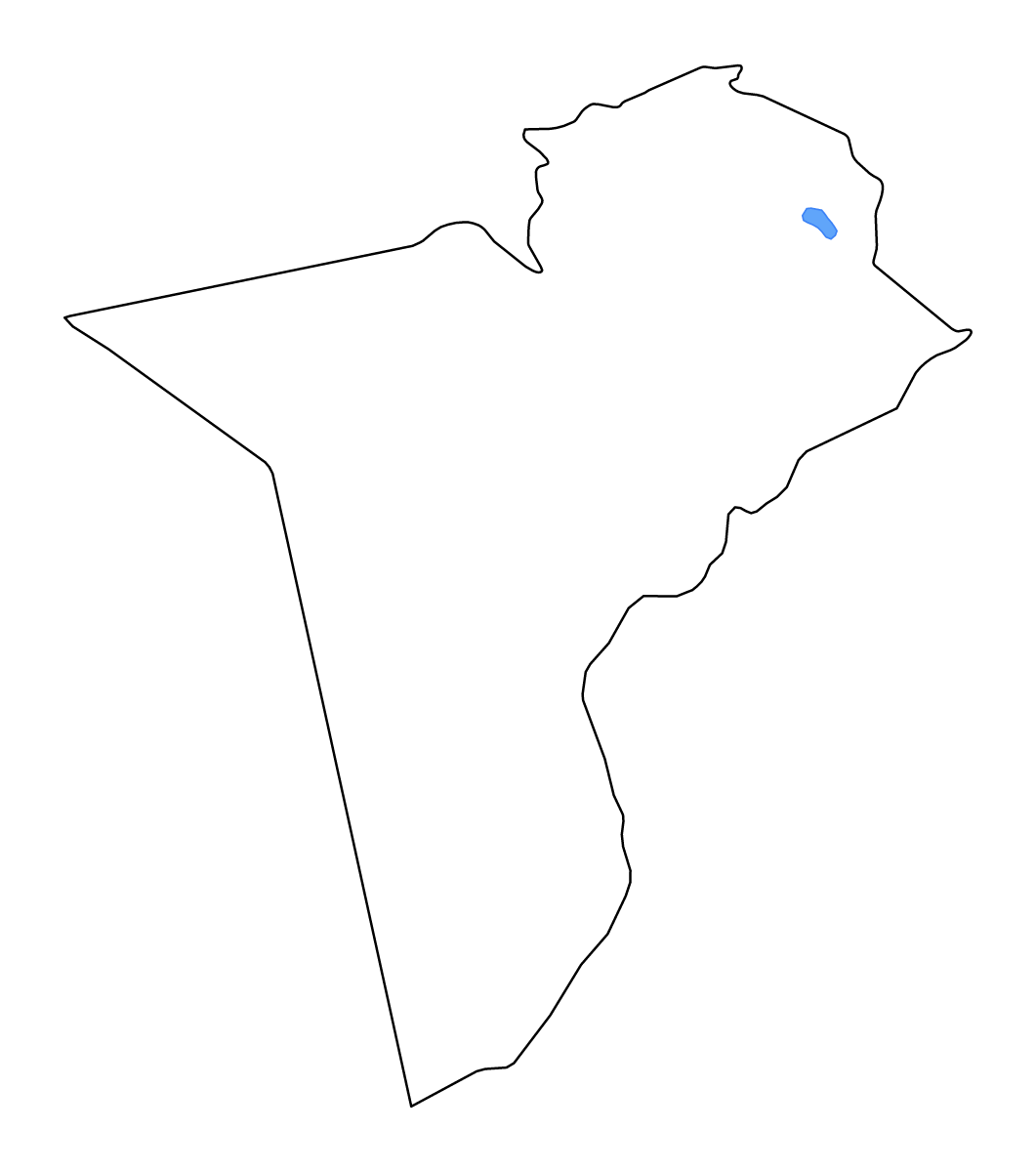 Mapa de contorno de Tataouine, Tunisia con lagos y ríos.