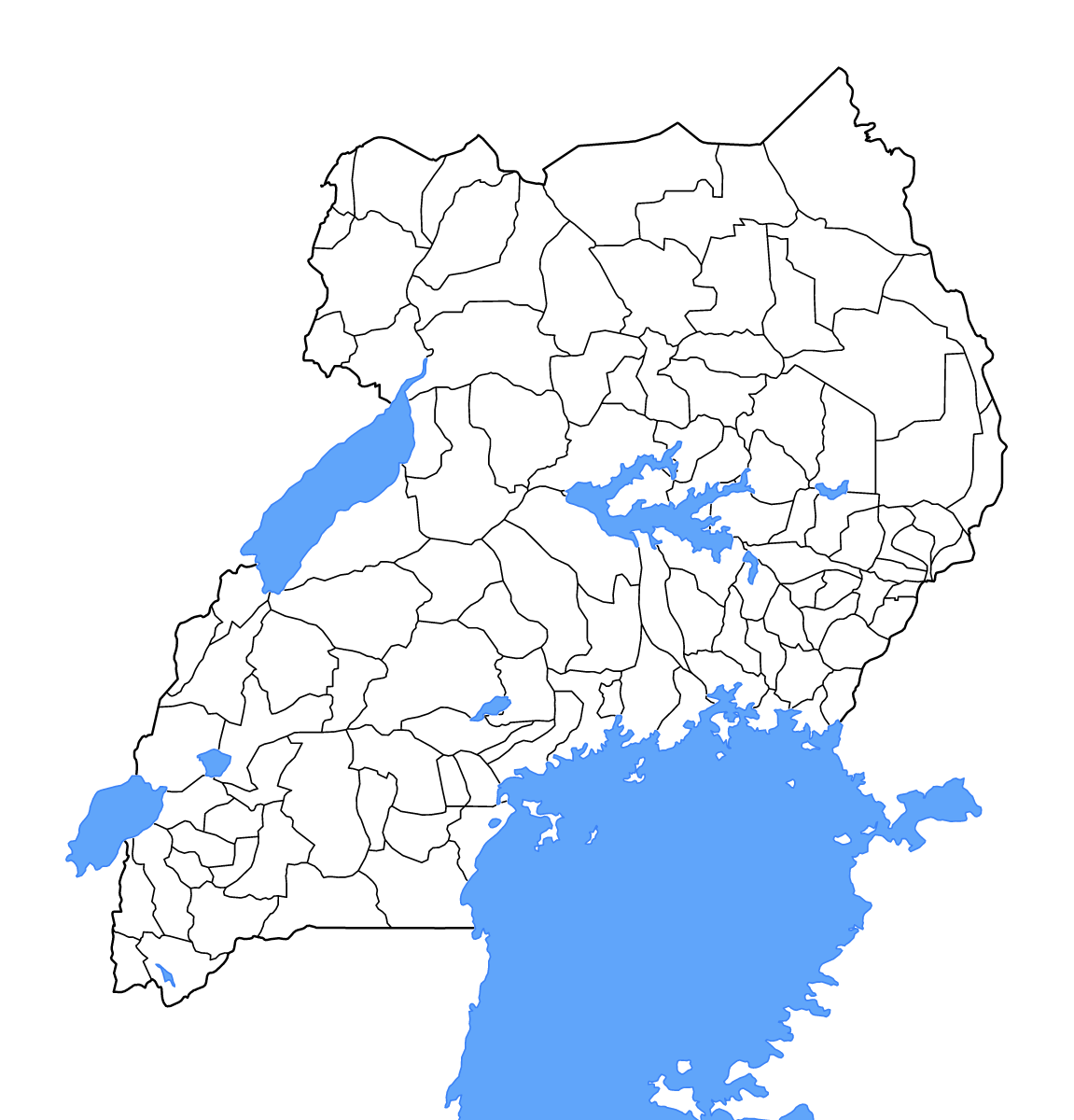 Mapa de contorno de Uganda con límites administrativos internos, lagos y ríos.