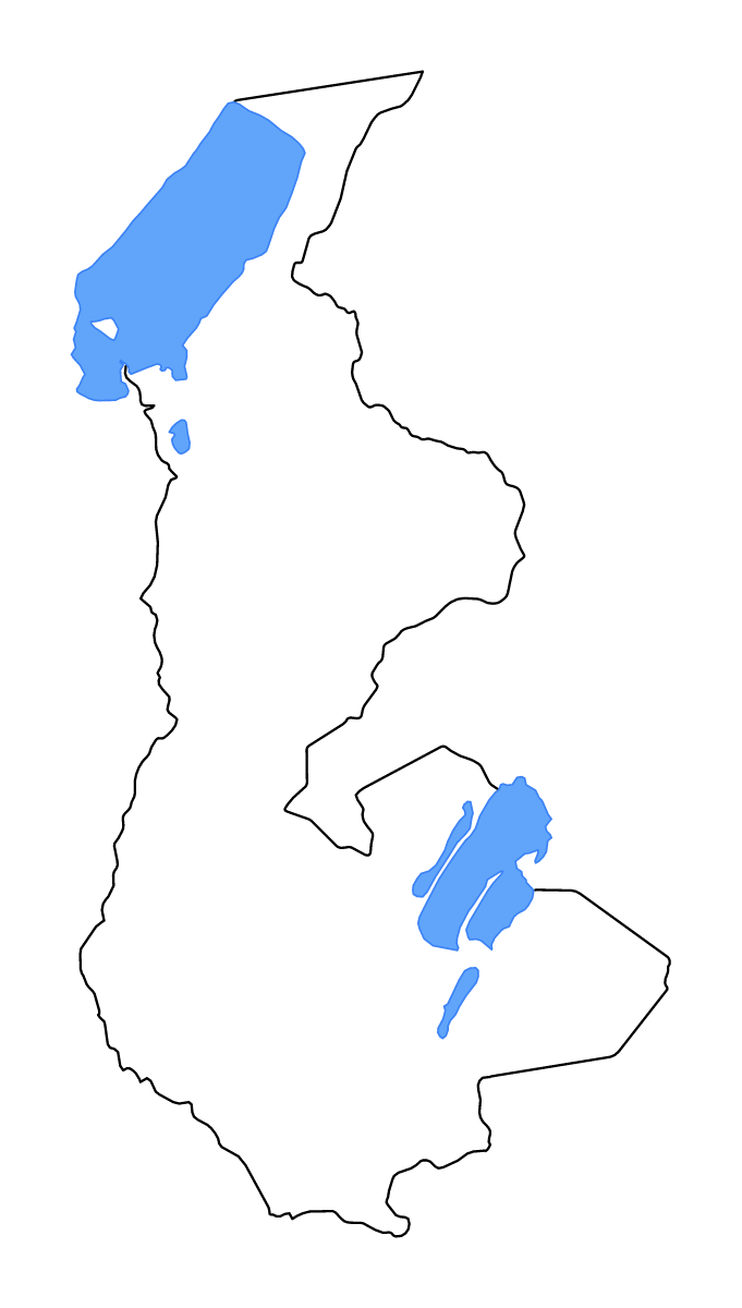 Carte de contour de Luapula, Zambia avec lacs et rivières.