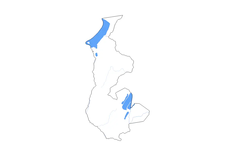 Outline map of Luapula, Zambia with subdivision borders and major lakes and rivers.