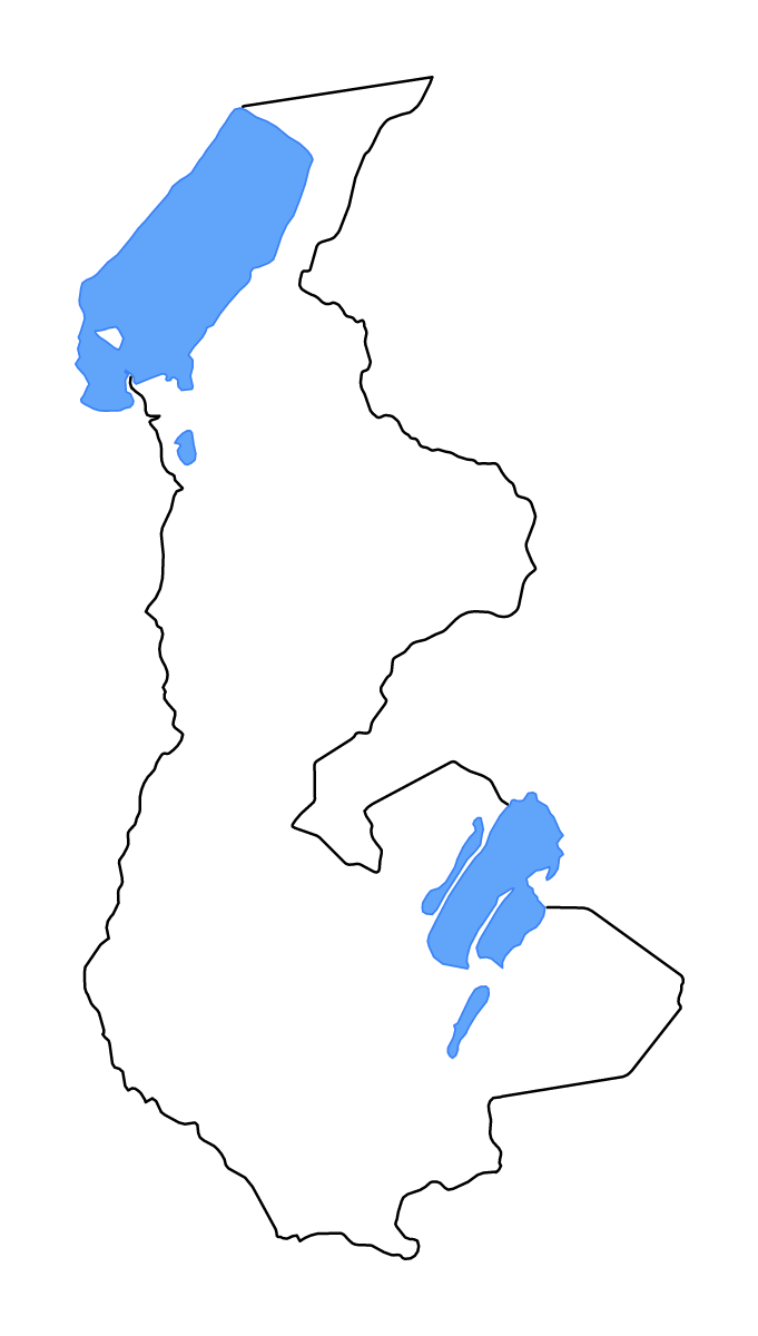 Mapa de contorno de Luapula, Zambia con lagos y ríos.