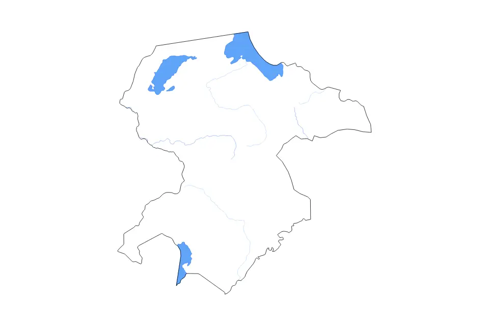 Mapa de Northern, Zambia de tipo contorno, lagos y ríos para África, con contorno, lagos y ríos con elementos de agua como Lake Tanganyika, Lake Mweru Wantipa y Lake Bangweula.