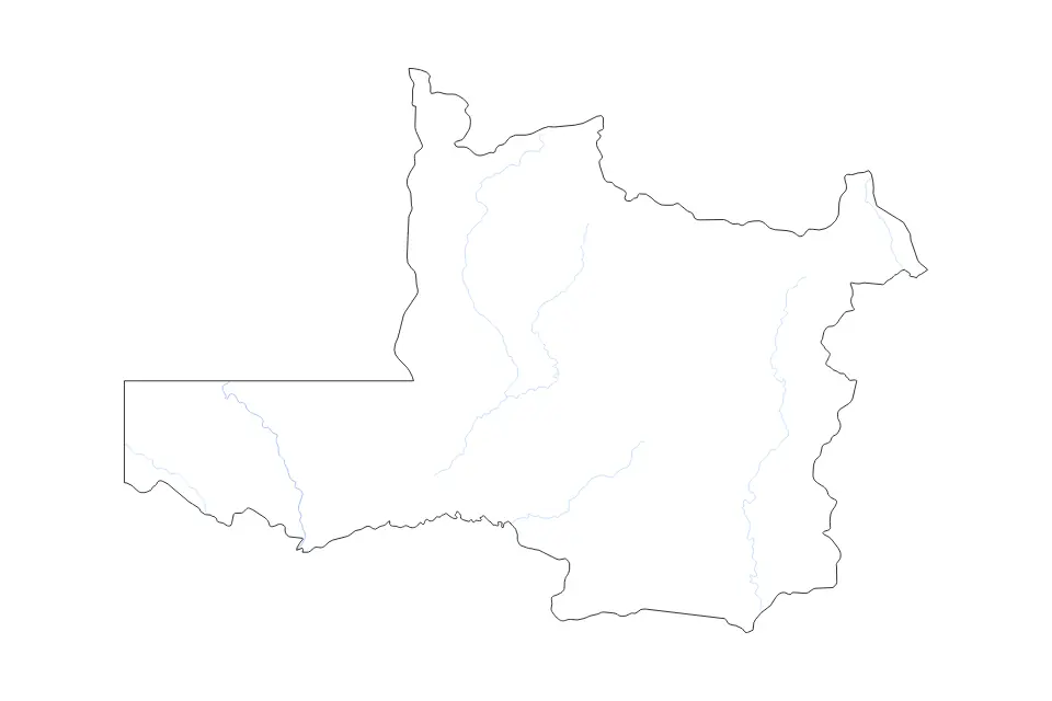Outline map of Northwestern, Zambia with subdivision borders and rivers.