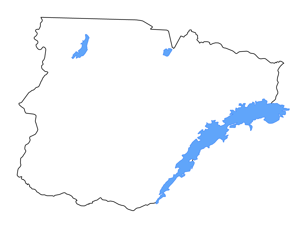 Mapa de contorno de Southern, Zambia con lagos y ríos.