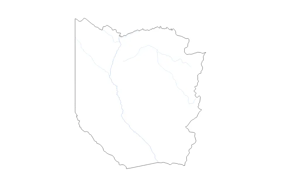 Outline map of Western, Zambia with subdivision borders and rivers.