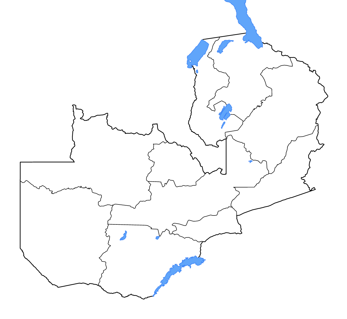 Mapa de contorno de Zambia con límites administrativos internos, lagos y ríos.