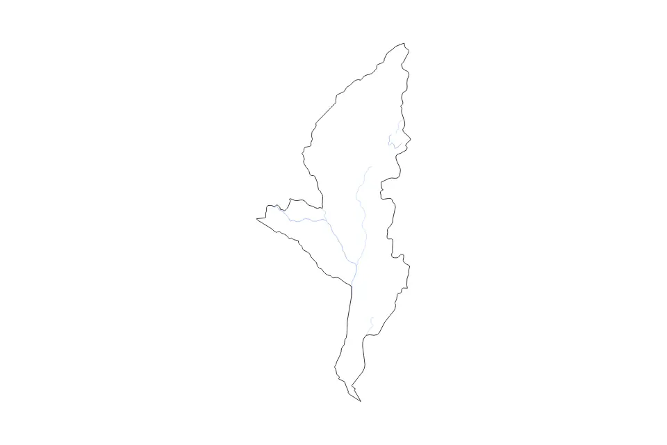 Outline map of Manicaland, Zimbabwe with subdivision borders and rivers.