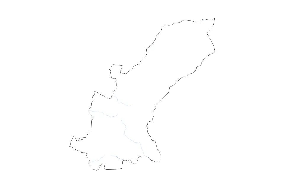 Outline map of Mashonaland East, Zimbabwe with subdivision borders and rivers.