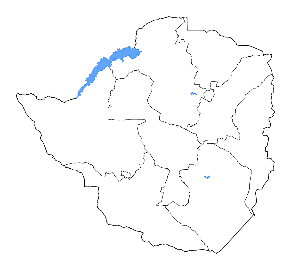 Mapa de contorno de Zimbabwe con límites administrativos internos, lagos y ríos.