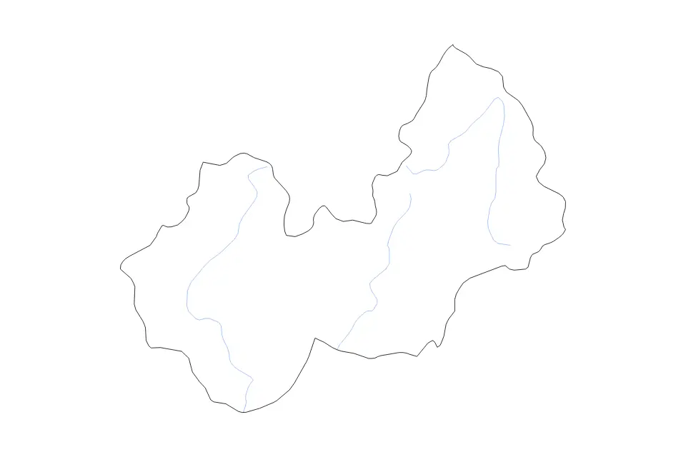 Outline map of Nuristan, Afghanistan with subdivision borders and rivers.