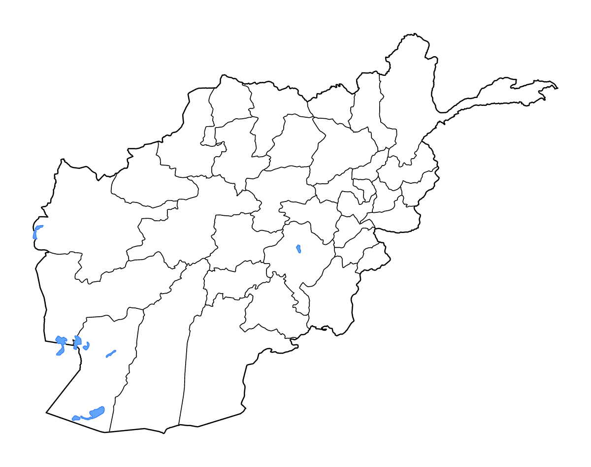 Mapa de contorno de Afghanistan con límites administrativos internos, lagos y ríos.