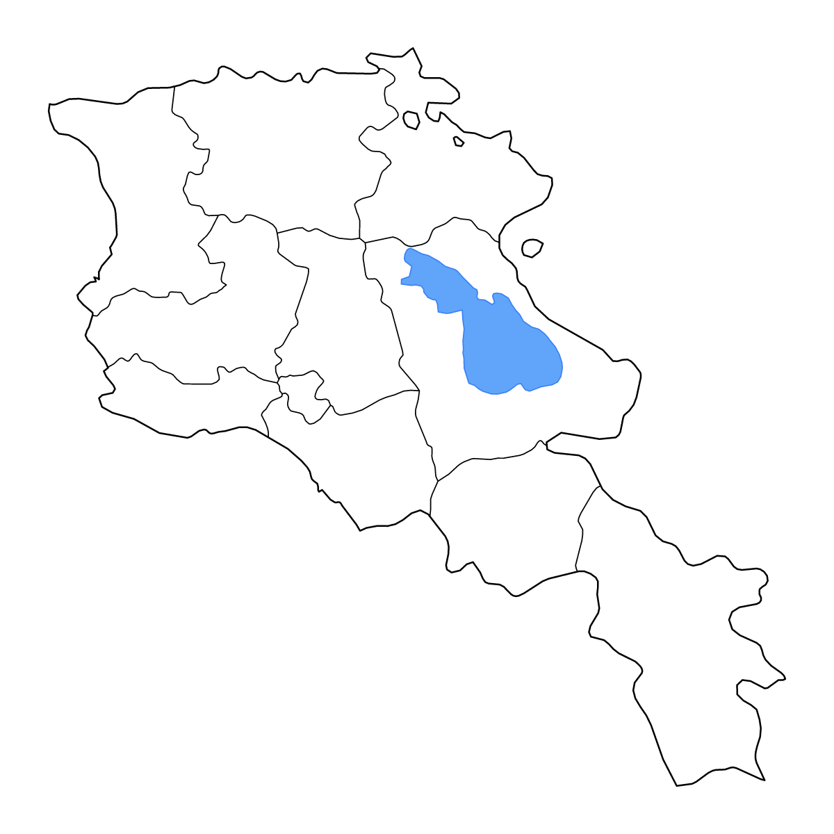 Mapa de contorno de Armenia con límites administrativos internos, lagos y ríos.