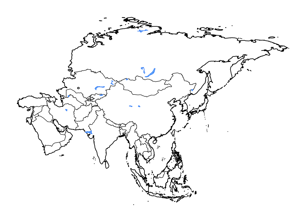Outline map of Asia with internal administrative boundaries, lakes, and rivers.
