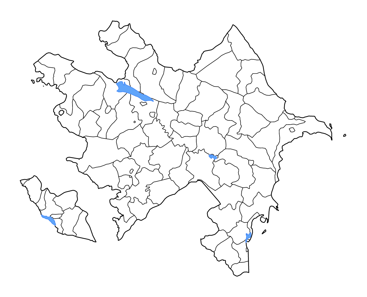 Mapa de contorno de Azerbaijan con límites administrativos internos, lagos y ríos.