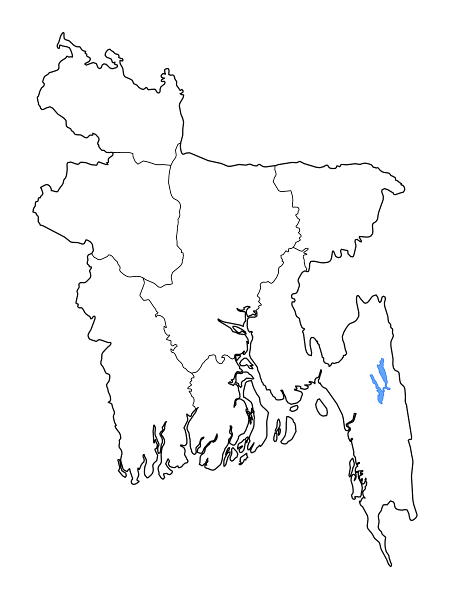 Mapa de contorno de Bangladesh con límites administrativos internos, lagos y ríos.