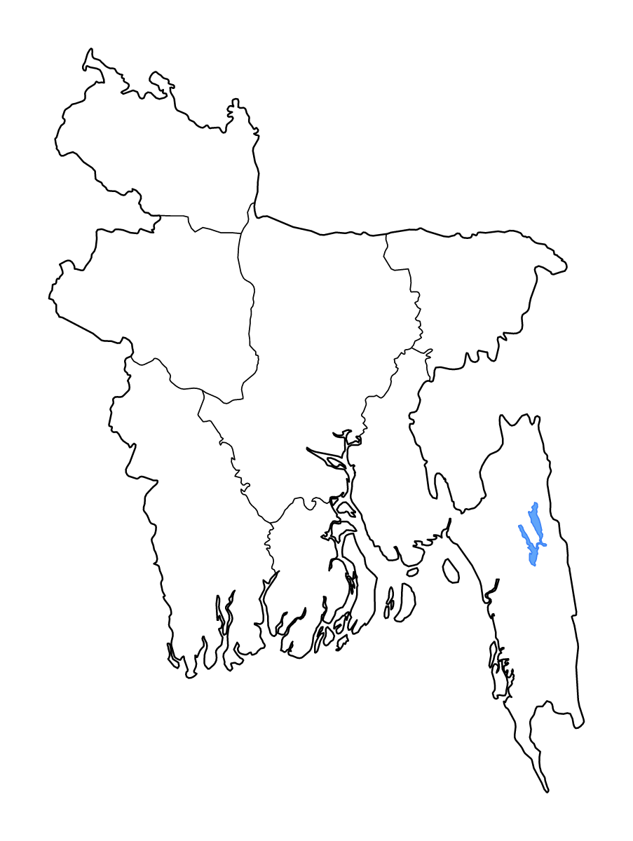 Mapa de contorno de Bangladesh con límites administrativos internos, lagos y ríos.