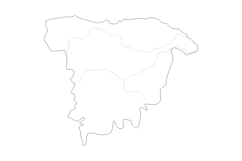 Outline map of Sylhet Division, Bangladesh with subdivision borders and rivers.