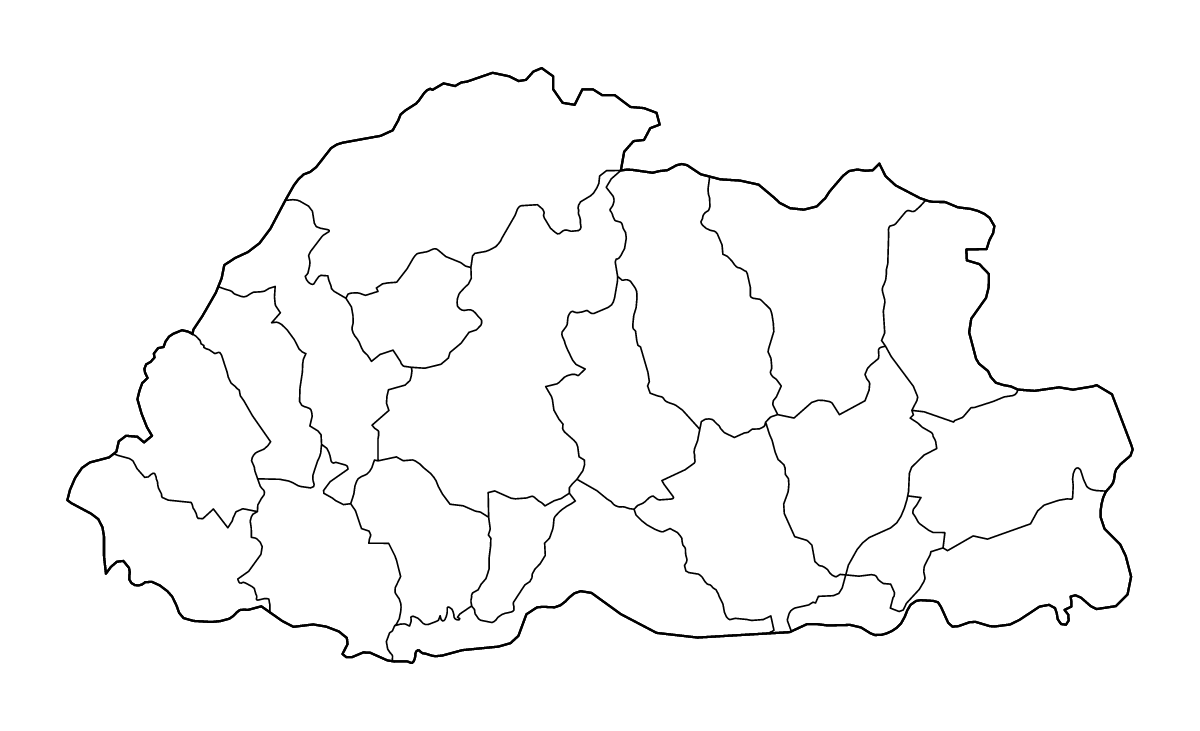 Carte de contour de Bhutan avec limites administratives internes et rivières.