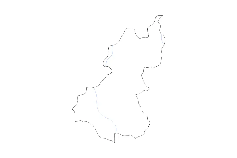 Outline map of Wangdue Phodrang District, Bhutan with subdivision borders and rivers.