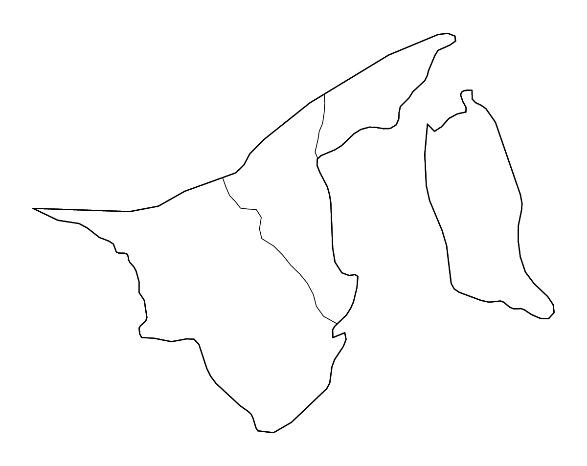 Mapa de contorno de Brunei Darussalam con límites administrativos internos y ríos.