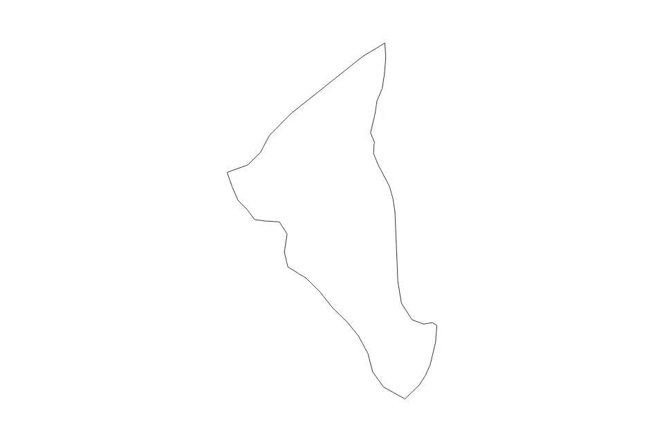 Outline map of Tutong District, Brunei Darussalam with subdivision borders.