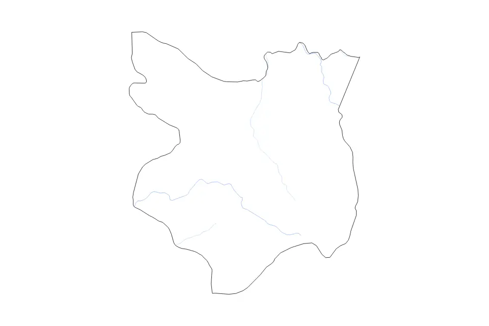 Outline map of Mondulkiri, Cambodia with subdivision borders and rivers.