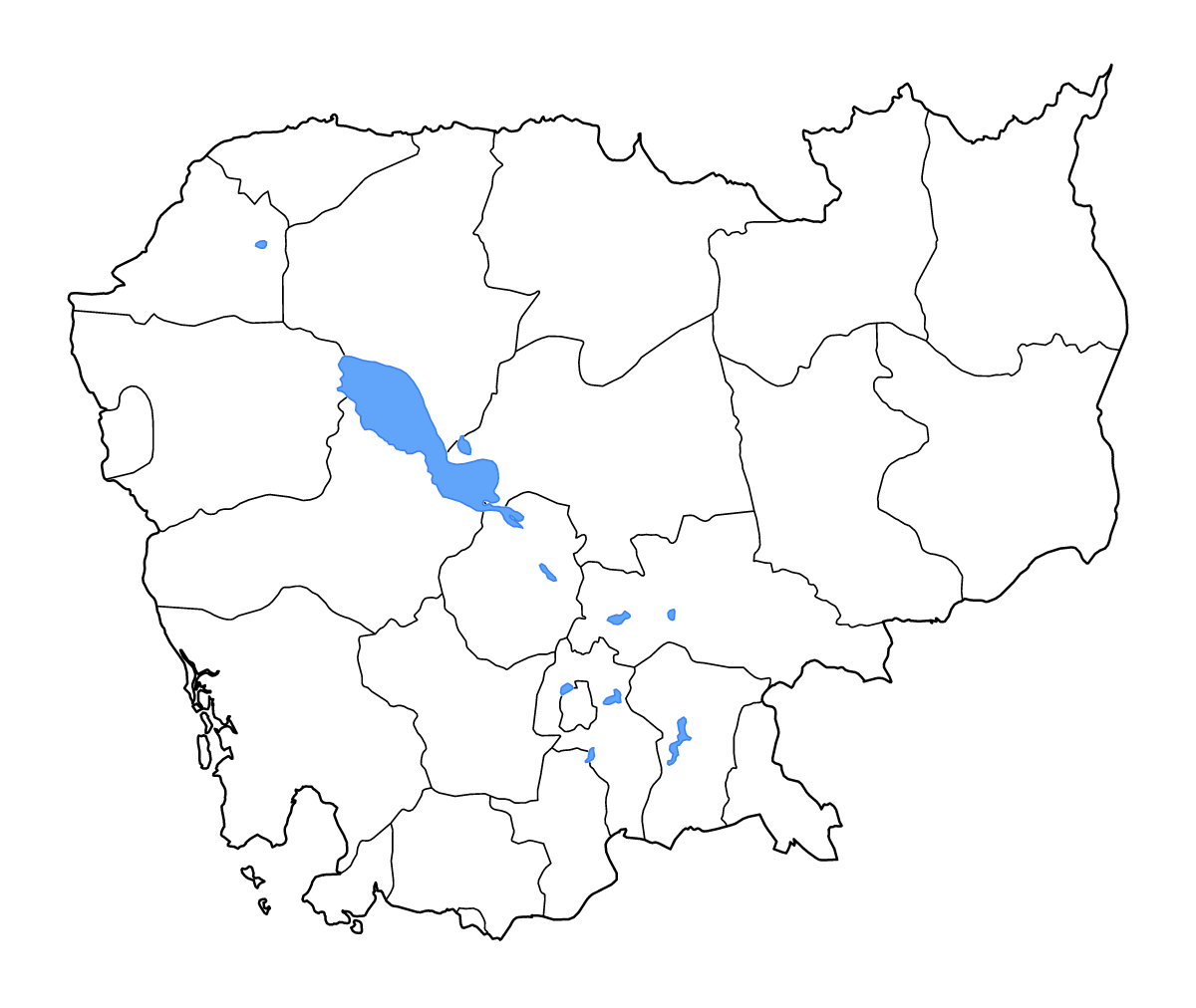 Carte de contour de Cambodia avec limites administratives internes, lacs et rivières.