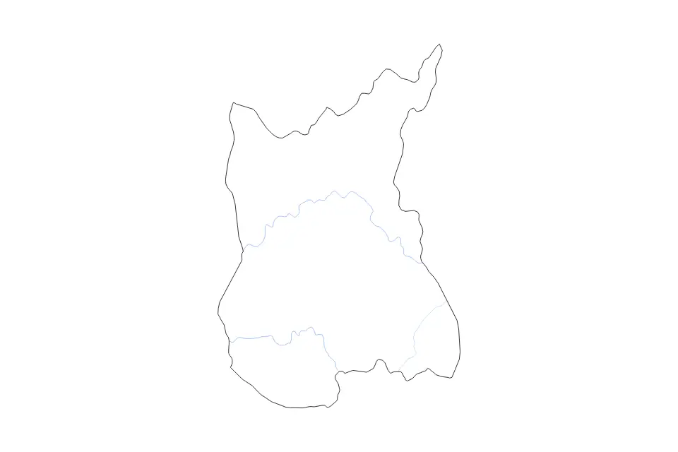 Outline map of Ratanakiri, Cambodia with subdivision borders and rivers.