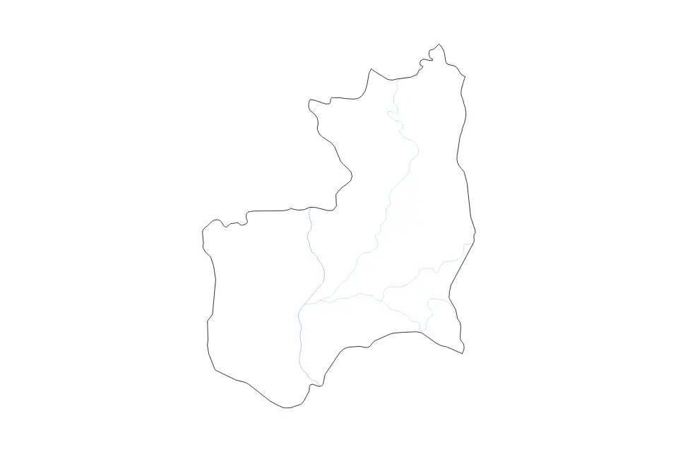 Outline map of Stung Treng, Cambodia with subdivision borders and rivers.